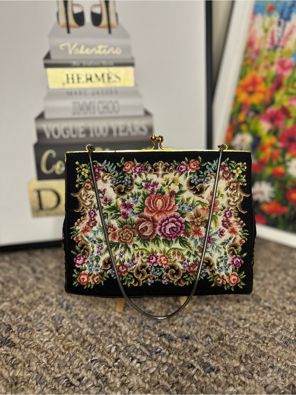 Vintage Needlepoint Floral Tapestry Purse • Petit Point • Kiss Lock • Chain